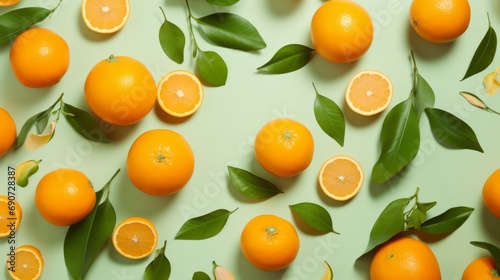 Oranges patterns on green background. Flat minimal fruits pattern