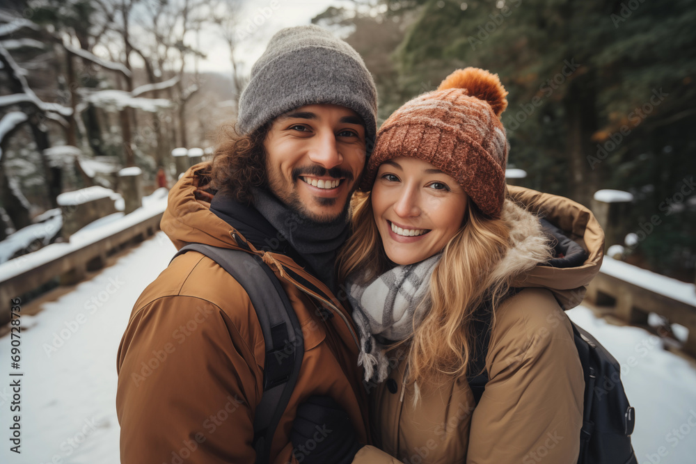 Happy couple enjoy walking and take a photo during winter holiday trip. Travel and lifestyle concept Happy couple enjoy walking and take a photo during winter holiday trip. Travel and lifestyle concept