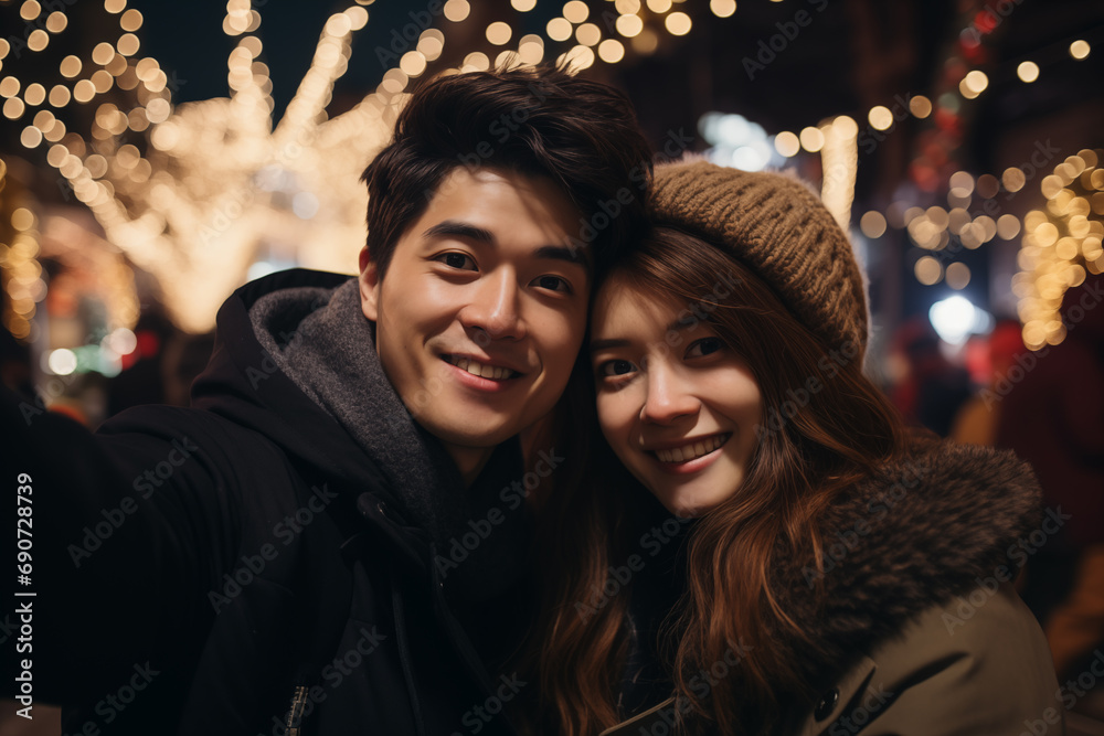 Happy Asian couple enjoy walking in town at night during holiday trip. Travel and lifestyle concept