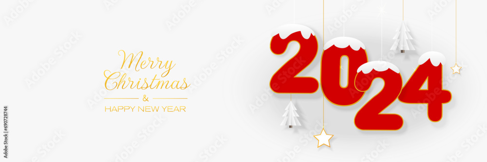 Snowly red 2024 with stars and white spruce on a white background. Digital craft style. New year and Christmas banner. Snowly red 2024 with stars and white spruce on a white background. Digital craft style. New year and Christmas banner.