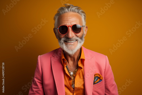 Portrait of happy fashionable senior man on orange background. Copy space, Studio shot