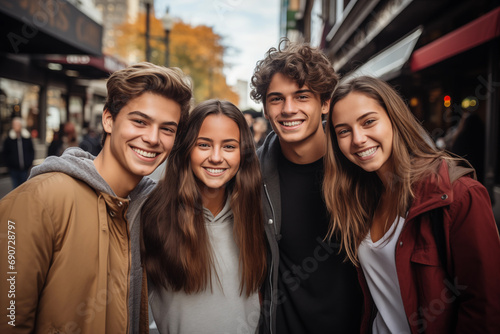 Happy teenager friends having fun on city street. Friendship and lifestyle concept