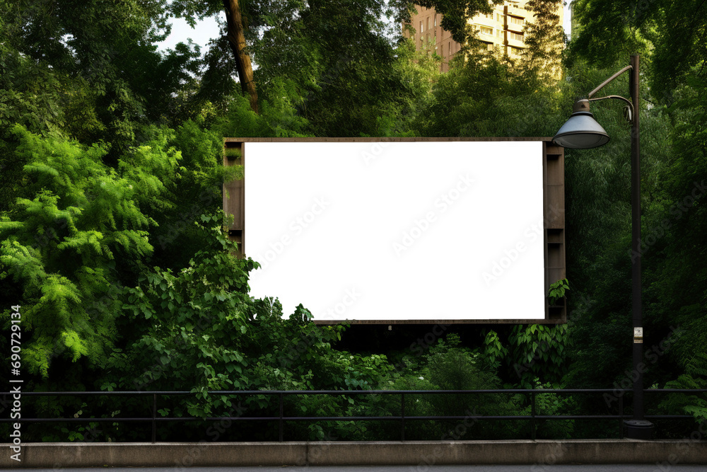 Urban Greenery: Transparent Billboard Mockup Amidst City Trees and Foliage Urban Greenery: Transparent Billboard Mockup Amidst City Trees and Foliage