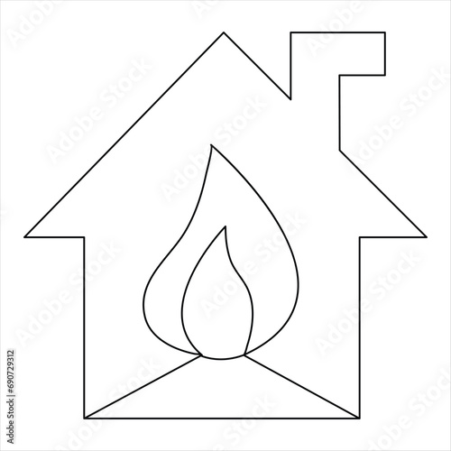 Burning house continuous one line hand drawing fire symbol and safety concept outline vector minimalist