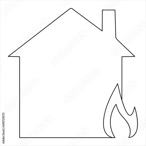 Burning house continuous one line hand drawing fire symbol and safety concept outline vector minimalist