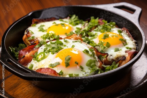 Rustic Breakfast Scene - Bacon and Eggs Sizzling in Cast Iron Skillet on Wooden Table