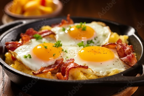 Rustic Breakfast Scene. Sizzling Bacon and Eggs in Cast Iron Skillet on Wooden Table