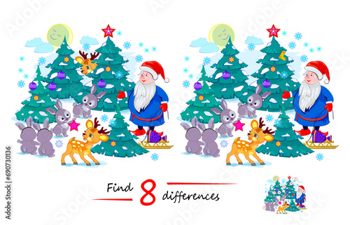 Find 8 differences. Logic puzzle game for children and adults. Illustration of Santa Claus in a fairy winter forest. Page for kids brain teaser book. Task for attentiveness. Vector cartoon drawing.