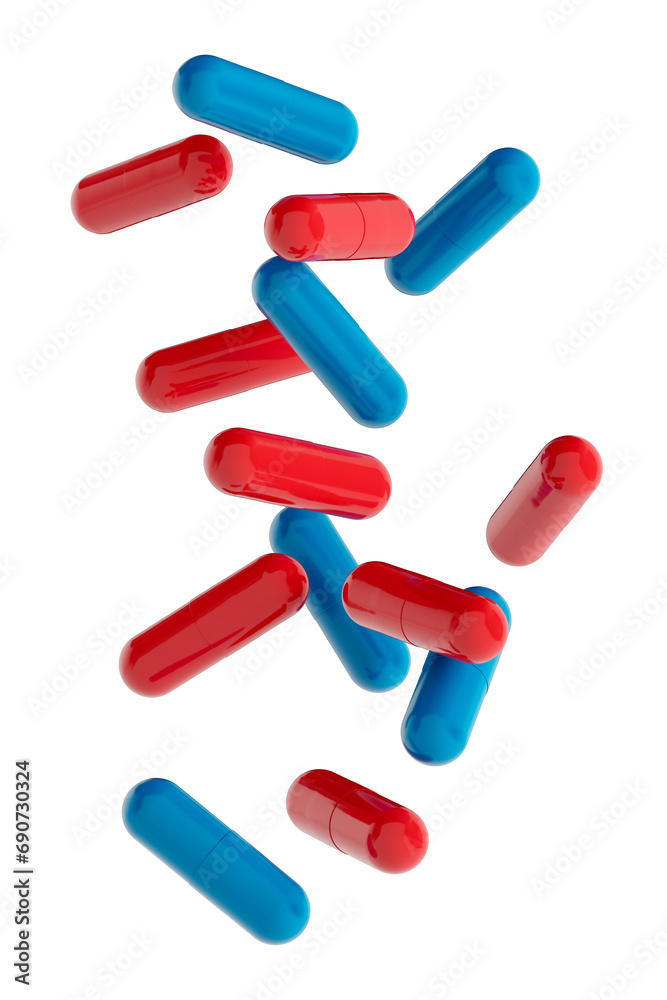Falling red and blue pills isolated on white background. Mock-up or template. 3d render Falling red and blue pills isolated on white background. Mock-up or template. 3d render
