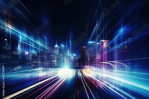 Urban Motion Symphony: Speed Light Trails Racing Through a High-Tech Mega City Landscape