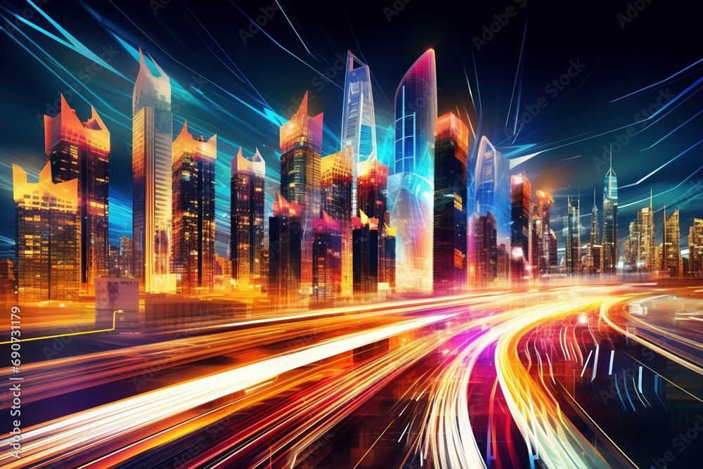 Future Skyline Rush: Light Trails Blaze Paths in a Smart Modern Mega City with Neon Tech Backdrop