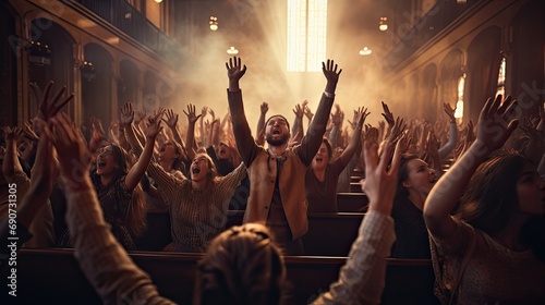 Happy Crowd of People Worshiping and Singing Choir Together