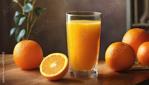 Photograph of a glass of orange juice  oranges  vitamins