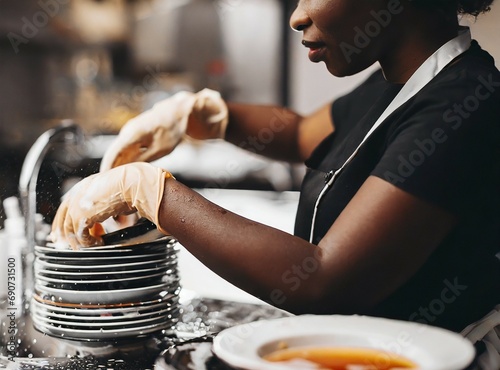 Woman washing dishes in restaurant's kitchen photo
