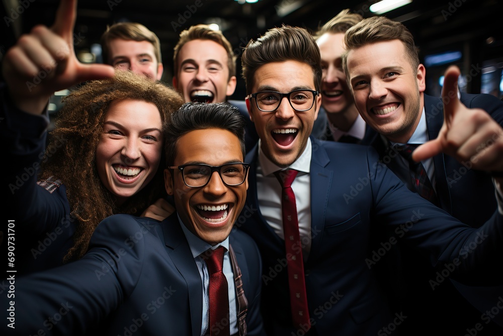 A group of exuberant business professionals in suits celebrates success with a selfie