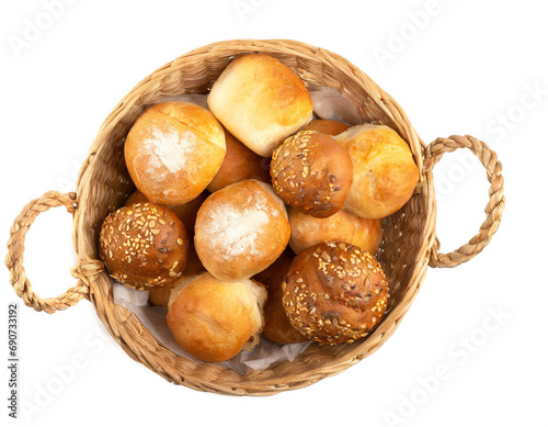basket with bread rolls isolated on white background, cut out, top view 