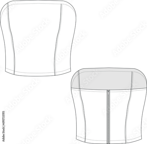 strapless sleeveless cropped zippered bustier blouse vest template technical drawing flat sketch cad mockup fashion woman