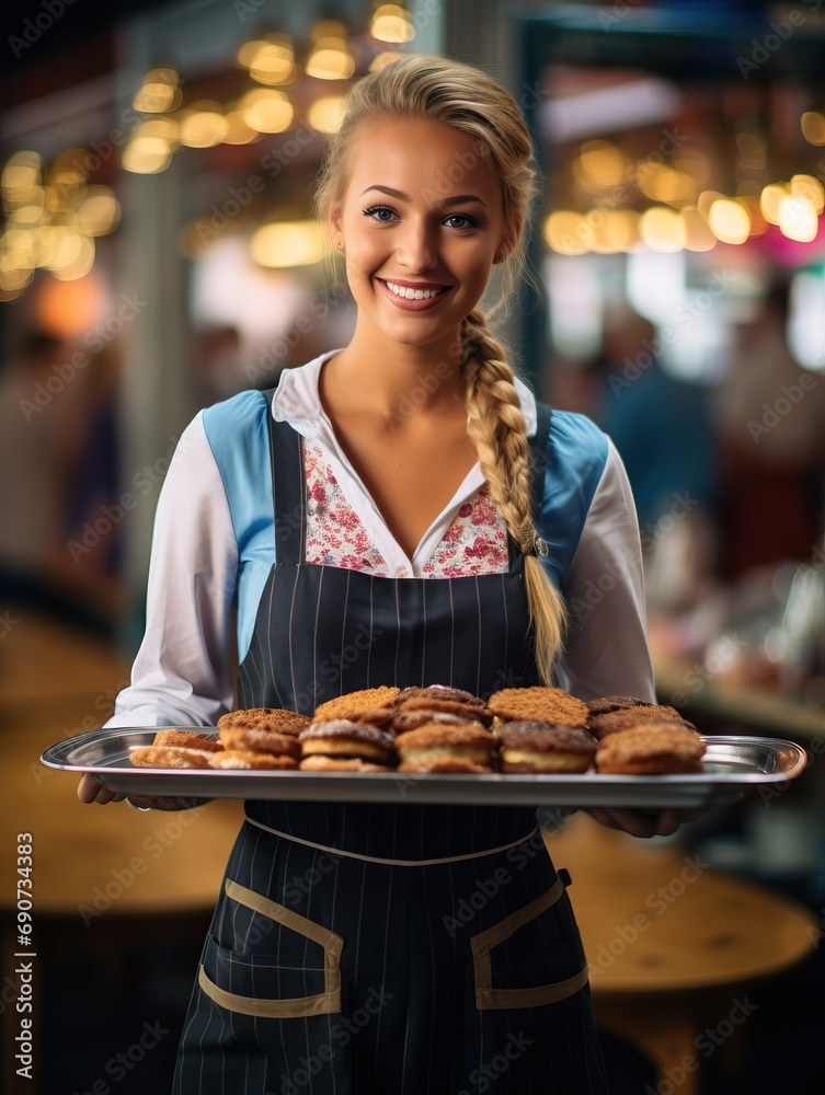 Beautiful waitress holding glasses of beer