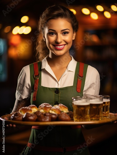 Beautiful waitress holding glasses of beer