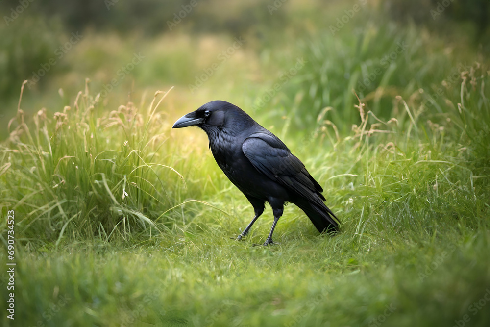 Crow on the grass - Generative AI Crow on the grass - Generative AI