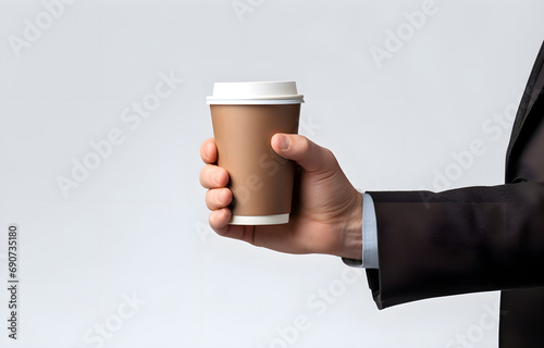 man's hand holding cardboard cup of coffee on white background