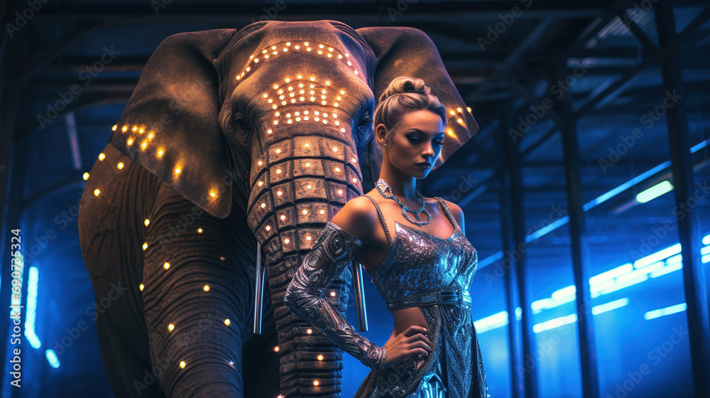 Elephant and girl standing side by side, cyberpunk style, adrenaline, night, neon lights