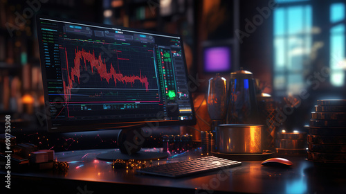 Computer monitor on the table, computer rendering, cryptocurrency chart on the monitor