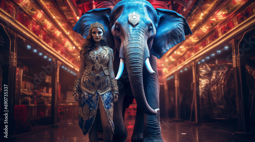 Elephant and girl standing side by side, cyberpunk style, adrenaline, night, neon lights photo