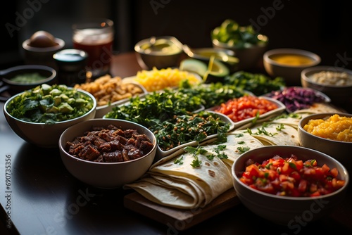 An assortment of Mexican ingredients and condiments neatly arranged for taco making, with a focus on fresh produce and rich flavors