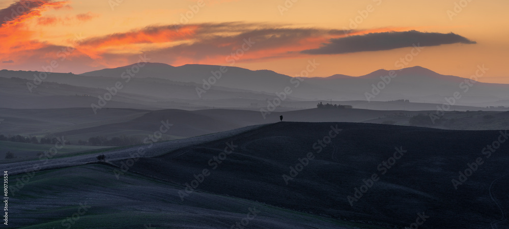 panorama landscape of rolling hills in Tuscany at sunrise with a cypress alley leading to a country estate in the distance