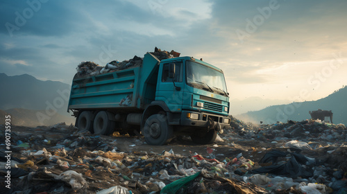 A Blue Garbage Truck Arrived At a Dumpsite to Unload Rubbish From Its Container photo