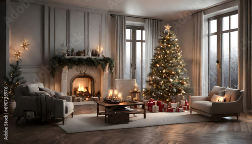 The living room is decorated for Christmas © 1