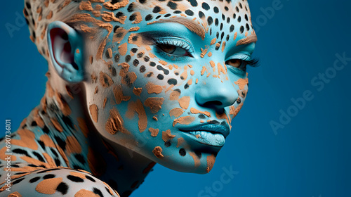 Magazine shot of woman with leopard face in body art style, airbrush painting, airbrush, body art , pop art