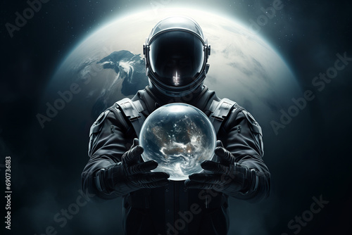An astronaut holding planet earth in the hands. Dark mood