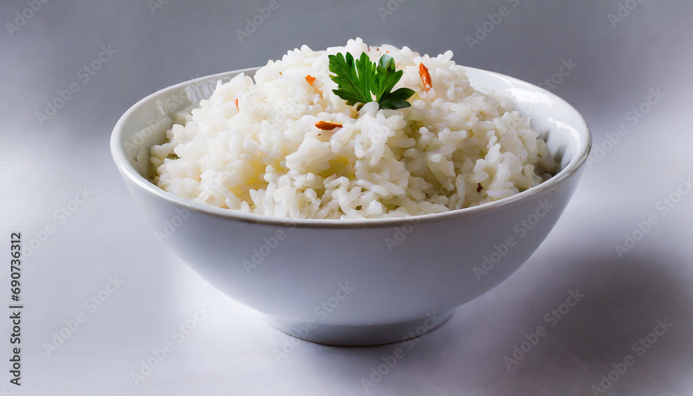 A white bowl of cooked rice on white background