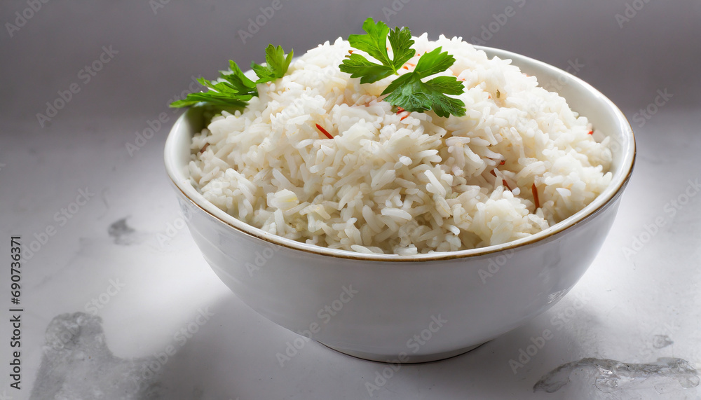 A white bowl of cooked rice on white background A white bowl of cooked rice on white background