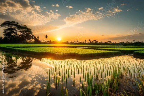   A rice field with a sunset in the background with nature in the background