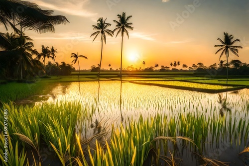 **A rice field with a sunset in the background with nature in the background