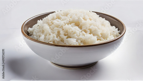 A white bowl of cooked rice on white background