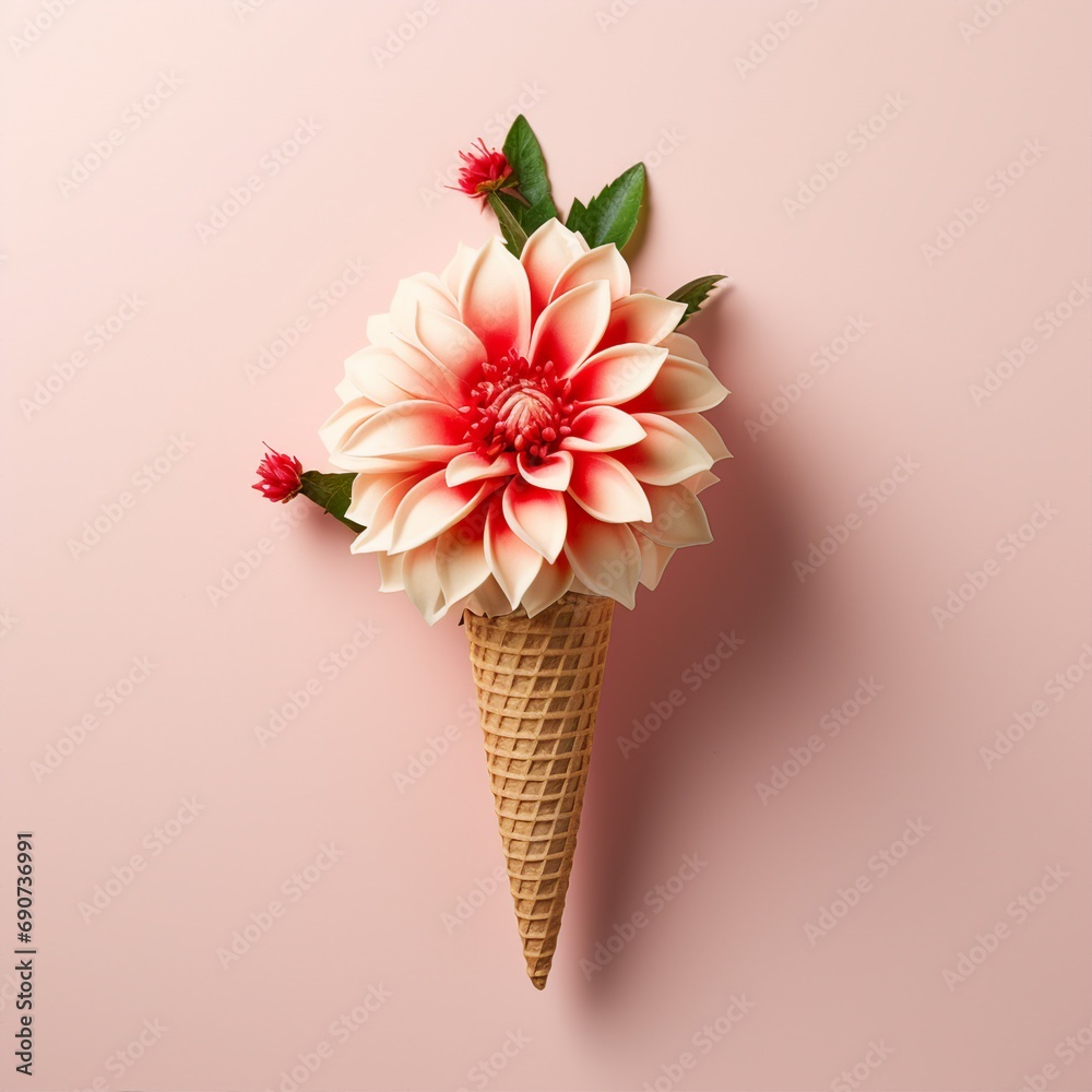 A waffle cone with a red rose flower on a pink background, offering a flat-laid, floral background with a summer concept.
