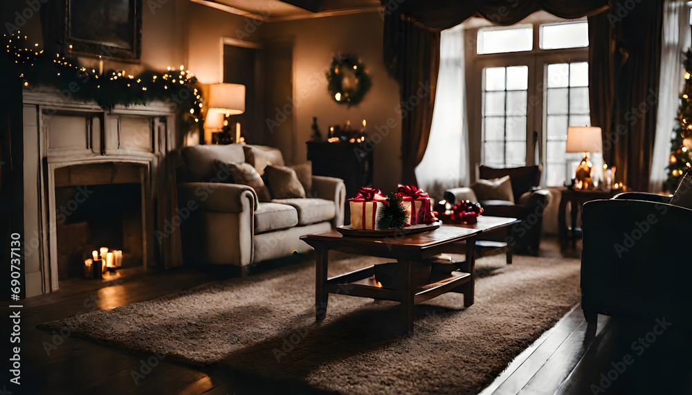 The living room is decorated for Christmas