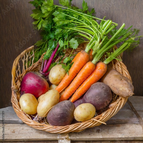Nature's Palette: Wholesome Potatoes, Carrots, Beets, and Garlic in a Basket