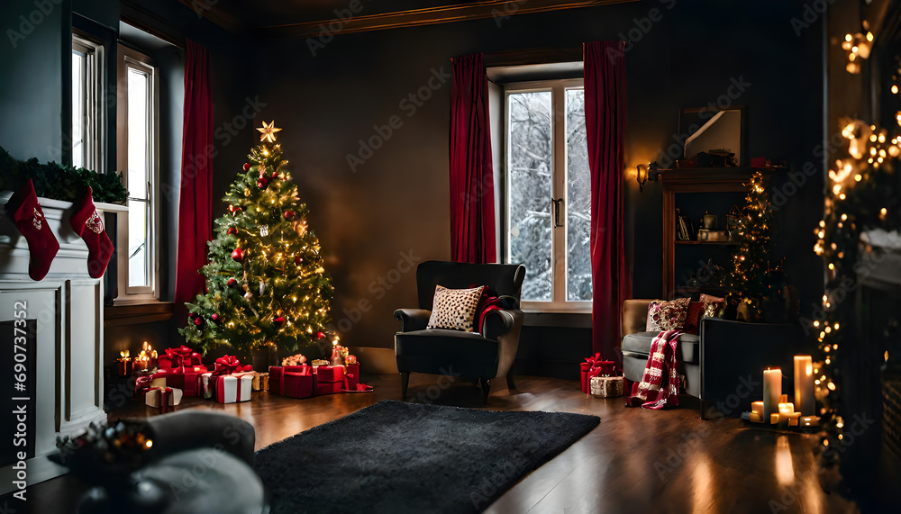 The living room is decorated for Christmas
