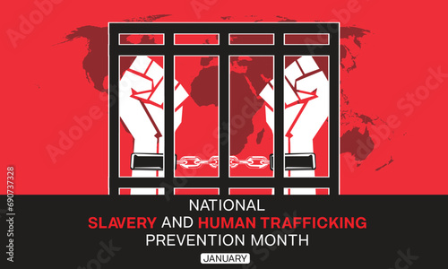 National Slavery and Human Trafficking Prevention Month design. It features a prison bar and hand with cuff. Vector illustration