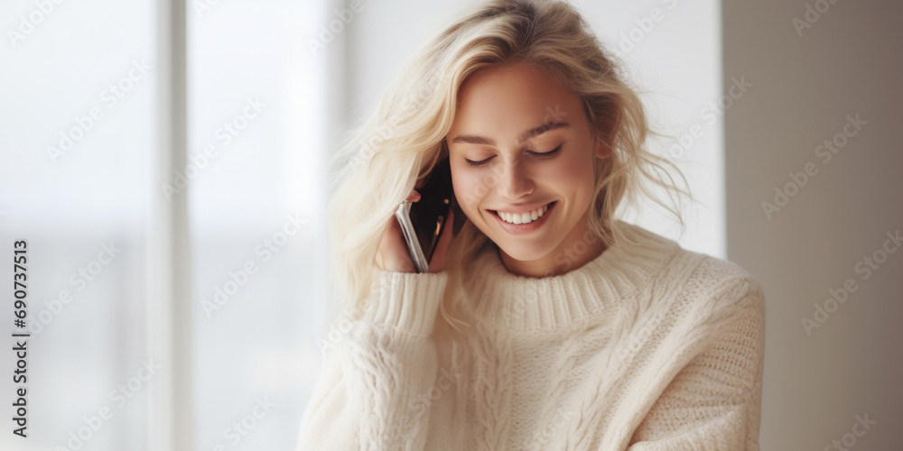 Woman calling on smartphone and smiling, photo with copy space