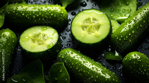 Fresh cucumbers group with slices and seamless background, with glistening droplets of water. Shot top down view. Healthy and beautiful food photography for a magazine and commercial advertising
