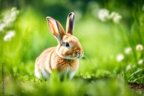 cute little rabbit on green grass with natural bokeh as background during spring. young adorable bunny playing in garden. lovrely  at park © Mazhar