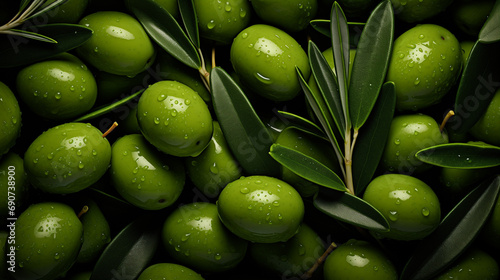 Fresh green olives group with olive tree leaves and glistening droplets of water. Shot top down view. Healthy and beautiful mediterranean food photography for a magazine and commercial advertising photo
