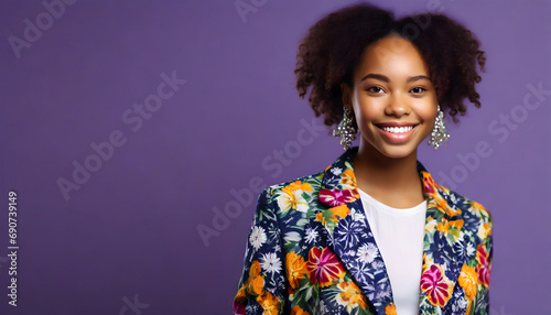 Black girl smiling dressed in floral jacket, purple background, copy space