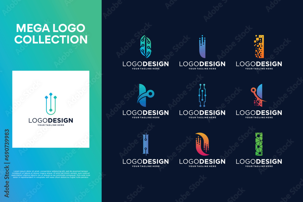 Set of creative letter I logo design. Abstract symbol for digital technology